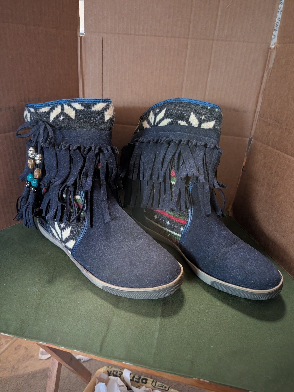 Women’s Navy Fringe Ankle Boots with Aztec Pattern